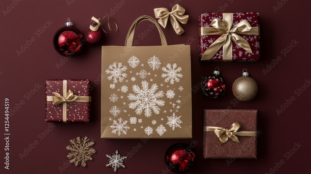 holiday gift collection, brown paper shopping bag with snowflake pattern, wrapped presents with bows, white glitter snowflakes, red glass ornaments, golden ribbon accents, burgundy backdrop, overhead holiday gift collection, brown paper shopping bag with snowflake pattern, wrapped presents with bows, white glitter snowflakes, red glass ornaments, golden ribbon accents, burgundy backdrop, overhead