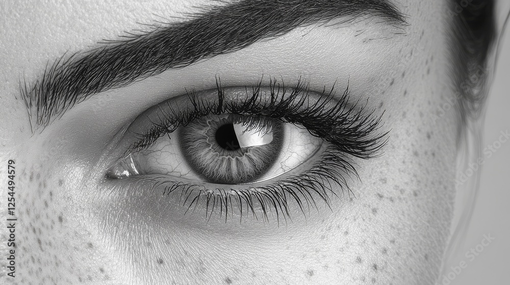 Obraz premium A Striking Monochrome Close-Up of a Woman's Eye, Highlighting Intricate Details of Lashes, Eyebrow, Skin Texture, and Freckles, Emphasizing Natural Beauty.