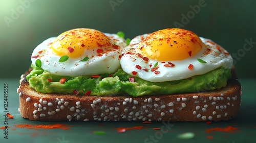 A vibrant plate featuring toasted bread topped with creamy avocado and perfectly cooked eggs, garnished with red pepper flakes for a flavorful and nutritious meal option. photo