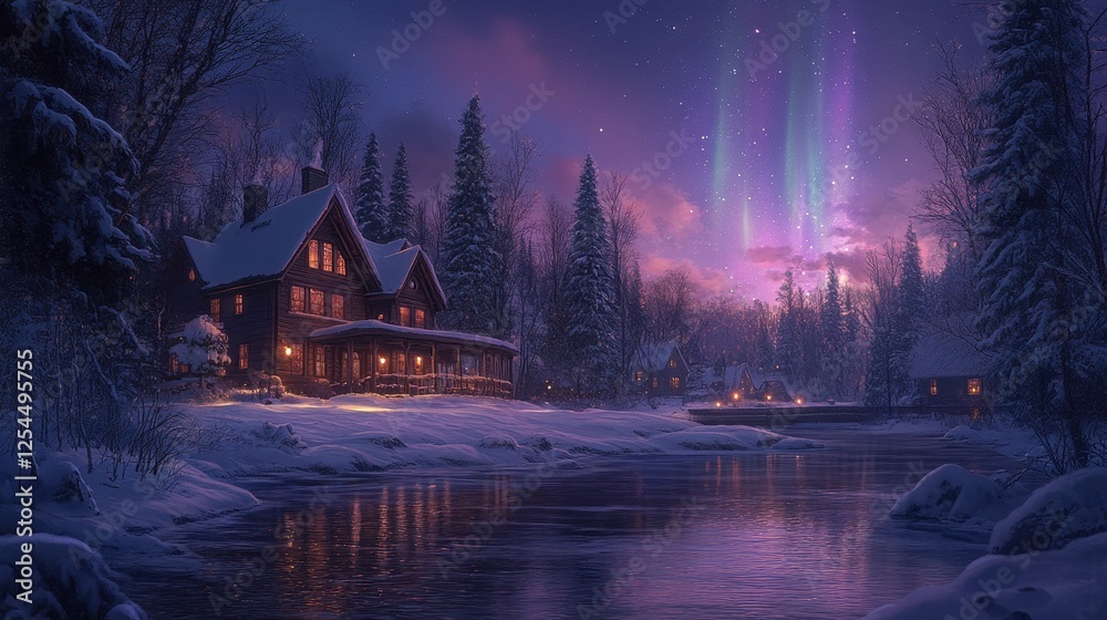 Fototapeta premium Winter cabin aurora borealis snowy river