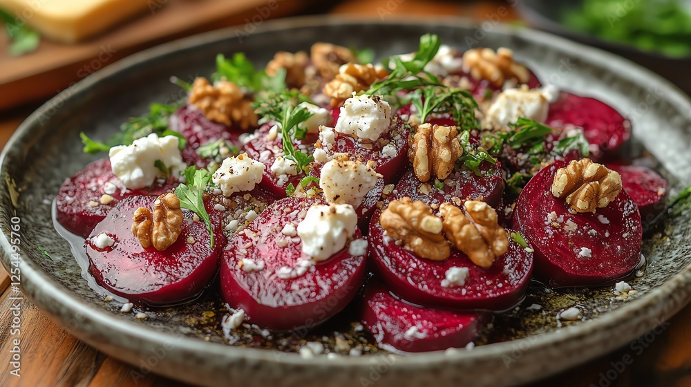 A vibrant plate filled with sliced beets, topped with walnuts, crumbled cheese, and fresh herbs, showcasing a delicious and nutritious salad perfect for any meal. A vibrant plate filled with sliced beets, topped with walnuts, crumbled cheese, and fresh herbs, showcasing a delicious and nutritious salad perfect for any meal.