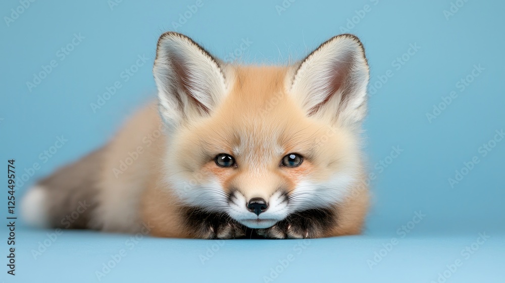 Obraz premium Adorable red fox kit against a light blue background. Possible use Children's book illustrations, educational materials