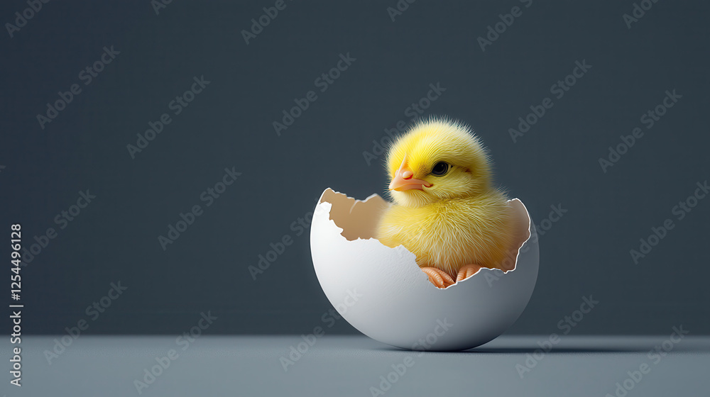 yellow chick emerging from cracked white eggshell, symbolizing new beginnings and innocence. soft feathers and bright color evoke sense of warmth and joy yellow chick emerging from cracked white eggshell, symbolizing new beginnings and innocence. soft feathers and bright color evoke sense of warmth and joy