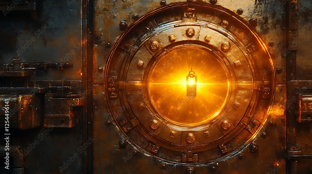Vault door encrusted with discount markings golden key inserted halo of light forming Vault door encrusted with discount markings golden key inserted halo of light forming
