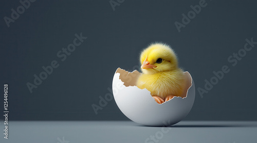 yellow chick emerging from cracked white eggshell, symbolizing new beginnings and innocence. soft feathers and bright color evoke sense of warmth and joy