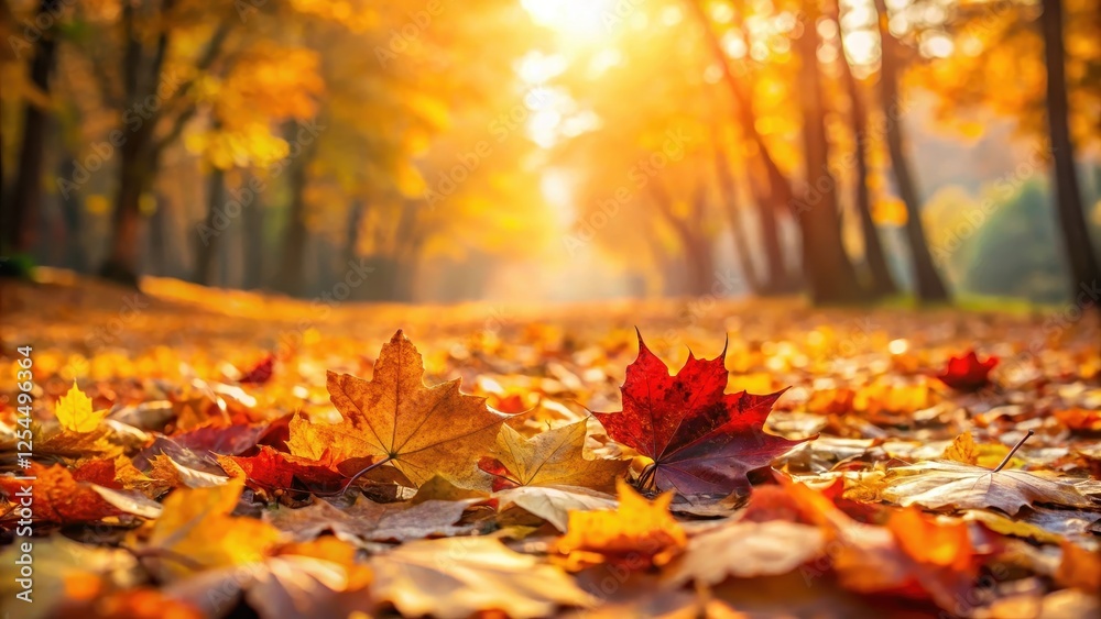 Fototapeta premium autumn leaves scattered on the ground, natural scenery, outdoor scene, natural scenery