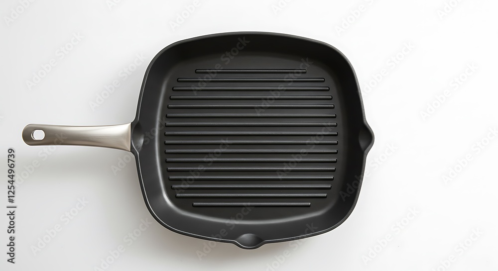 New Square Grill Pan with Ribbed Surface and Silver Handle on White New Square Grill Pan with Ribbed Surface and Silver Handle on White