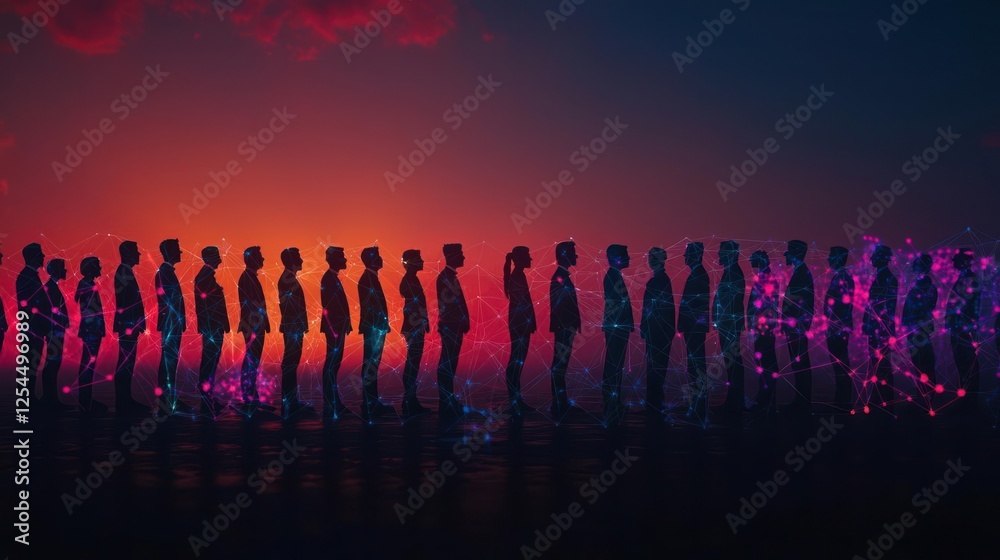 Silhouette Crowd At Sunset With Glowing Particles Silhouette Crowd At Sunset With Glowing Particles
