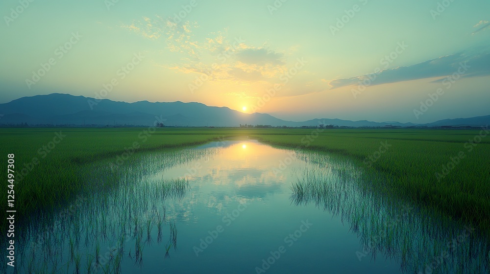 Fototapeta premium Serene Sunset Over Rice Paddies And Mountains