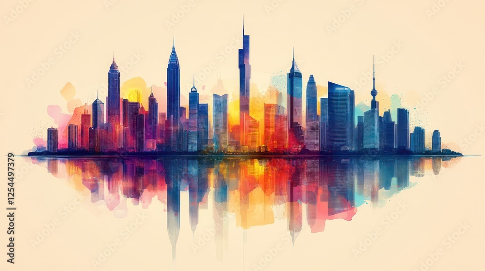 Obraz premium Vibrant watercolor cityscape skyline reflected in water.
