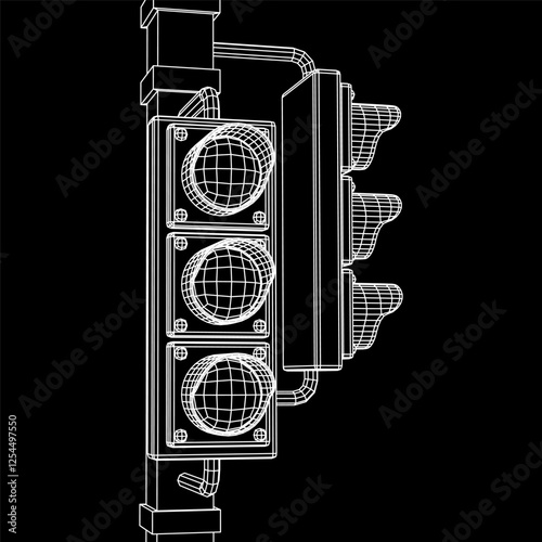 Traffic light with three lights. Wireframe low poly mesh vector illustration.