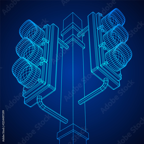 Traffic light with three lights. Wireframe low poly mesh vector illustration.