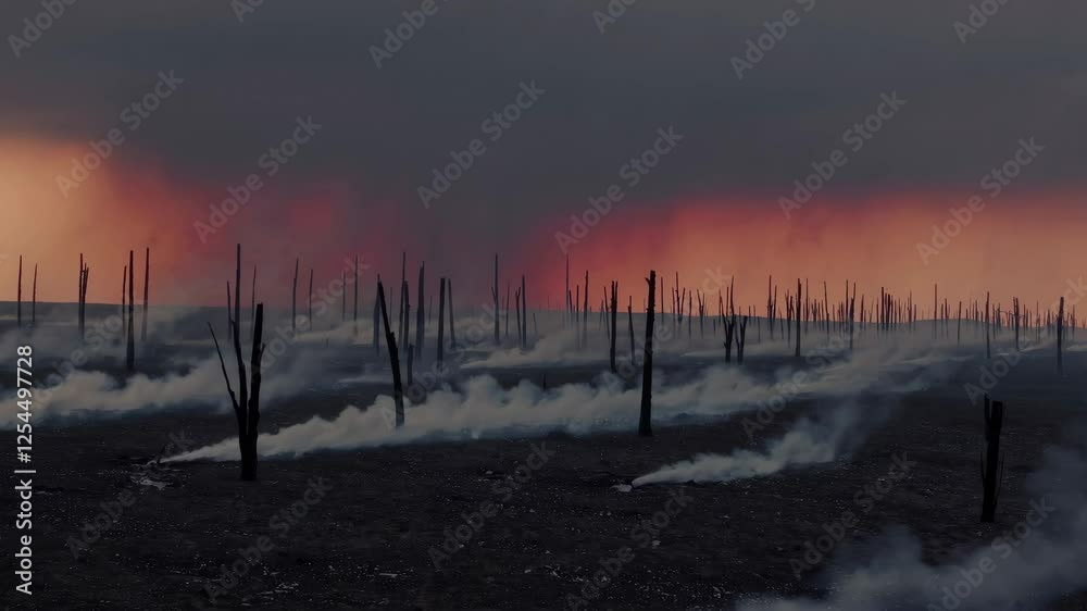 burned forest landscape with smoky ash and barren tree trunks under dramatic sunset, environmental disaster concept burned forest landscape with smoky ash and barren tree trunks under dramatic sunset, environmental disaster concept
