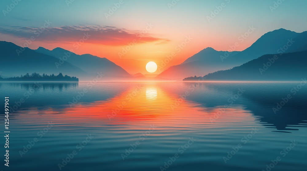 Fototapeta premium Serene Sunrise Over a Misty Mountain Lake
