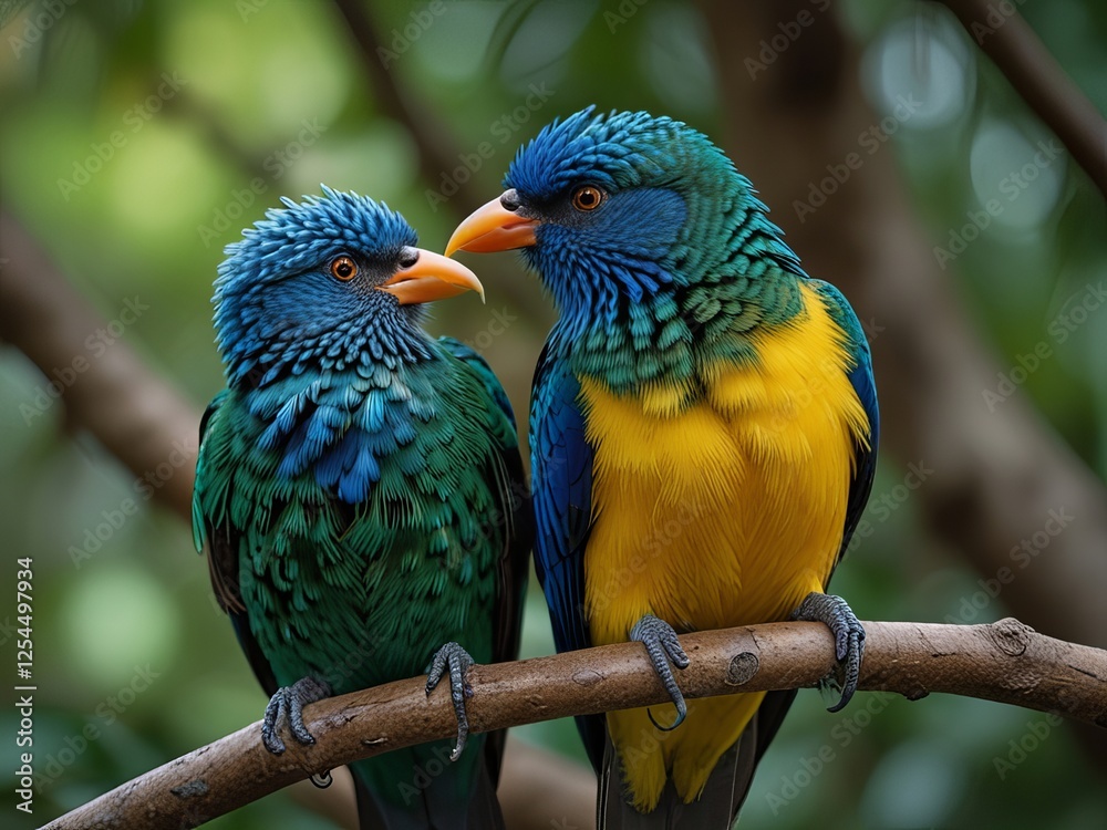 Fototapeta premium A pair of lovebirds setting in the nature of colorful macaw parrot birds are perched on a tree. 