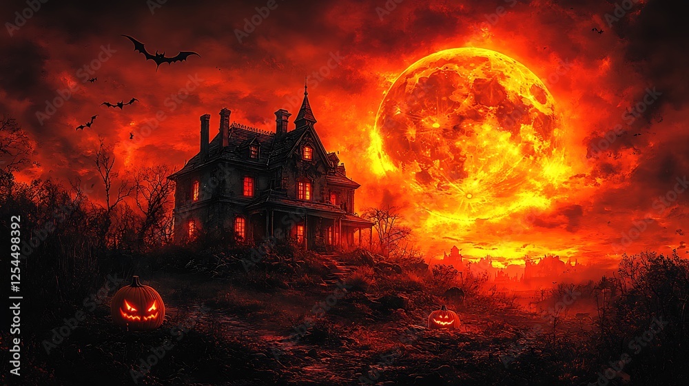 A ghostly mansion perched on a hill under a glowing pumpkin moon with bats flying in the sky A ghostly mansion perched on a hill under a glowing pumpkin moon with bats flying in the sky