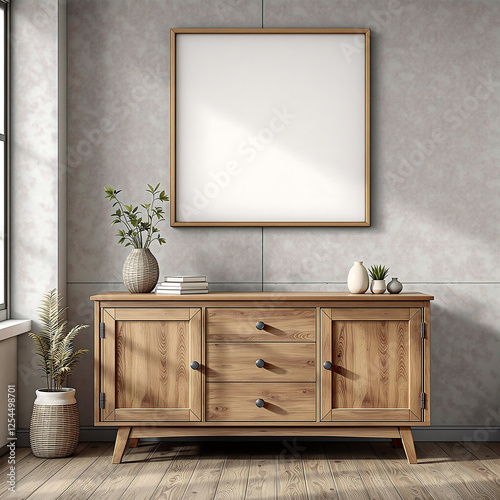 Interior scene with a wooden sideboard, a blank square framed poster, and decorative objects against a concrete wall. Suitable for interior design mockups, furniture presentations, or art displays.

