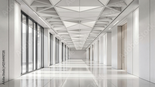 Long, bright, white hallway with a geometric patterned ceiling, large windows, and a highly polished floor reflecting light. Creates a sense of depth, modern architecture, and clean design.

