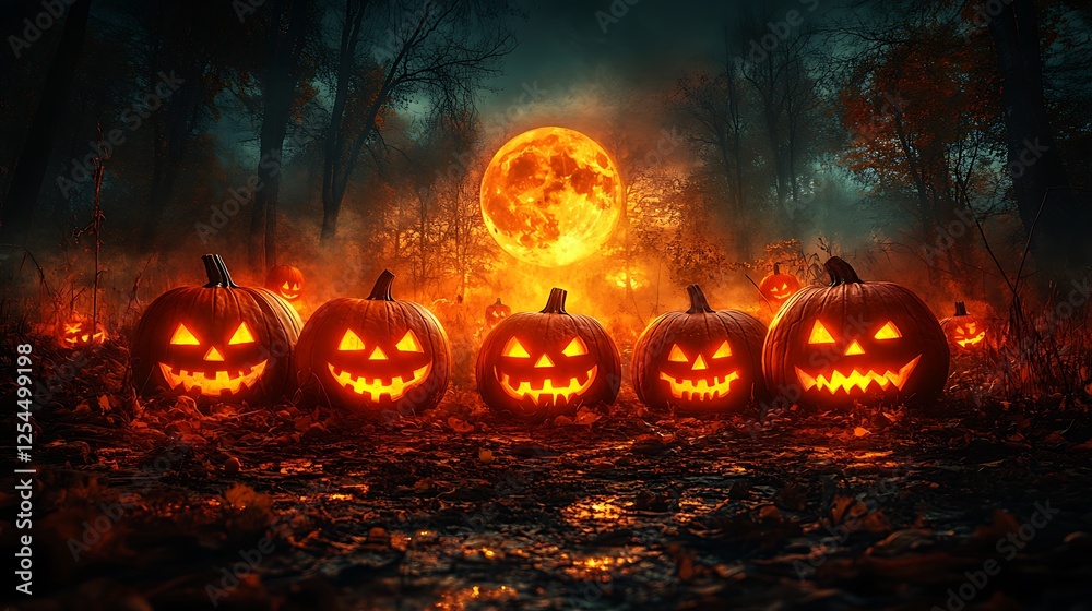 A group of glowing jack o lanterns casting long shadows under a mysterious pumpkin moon