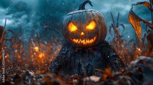 A sinister scarecrow with tattered clothes standing in a cornfield under a glowing pumpkin moon
