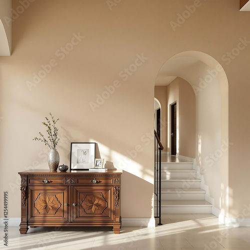 Home interior scene featuring a wooden sideboard, an arched doorway leading to a staircase, and warm, neutral wall colors. Conveys a traditional, elegant, and inviting atmosphere. Use for home decor.
