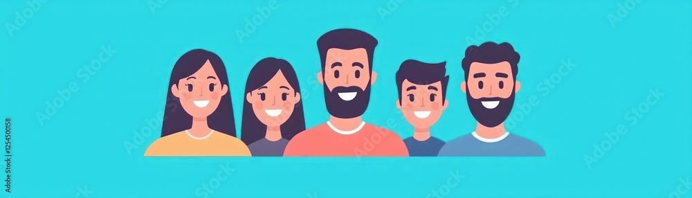 Happy family portrait, diverse group, smiling faces, teal background, website banner Happy family portrait, diverse group, smiling faces, teal background, website banner