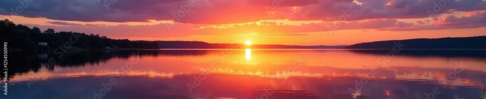 Fototapeta premium Reflections on calm Annapolis Basin waters at sunset, landscape, golden hour, water reflection