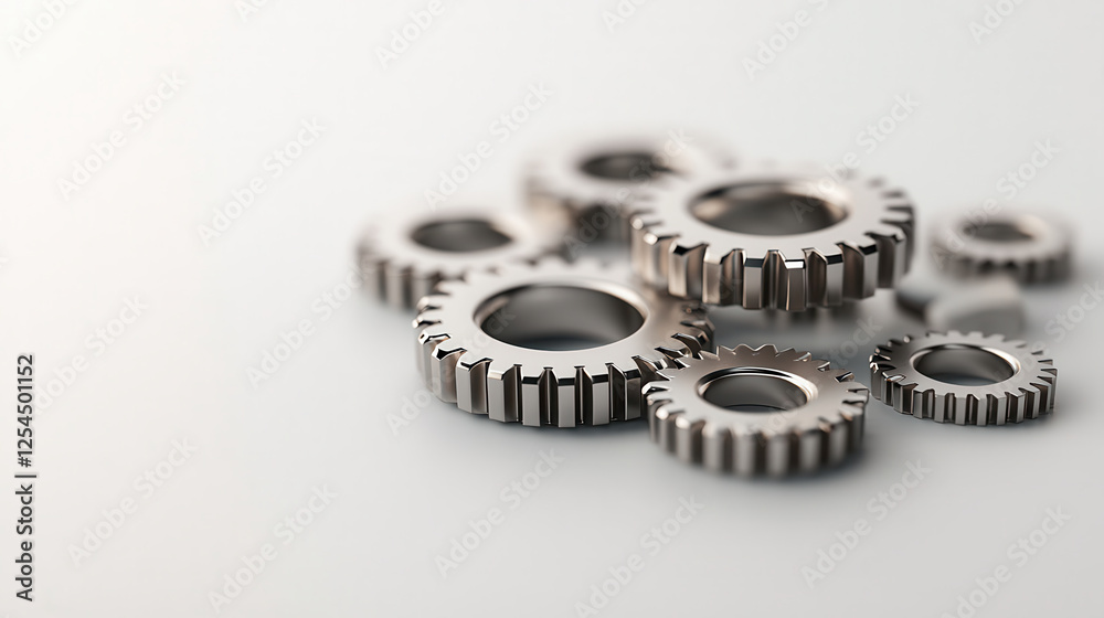 Shiny silver gears arranged on light background, showcasing intricate details and textures. Ideal for industrial or mechanical themes Shiny silver gears arranged on light background, showcasing intricate details and textures. Ideal for industrial or mechanical themes
