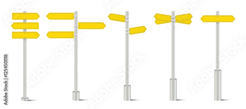 3D Yellow Fingerpost Directional Signs: Realistic Guideposts, signpost and Wayfinding Arrows on Pole Set. Vector Illustration.