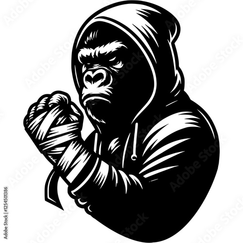 Tattoo of gorilla boxer shows fist in monochrome. Baboon mixed martial arts fighter. Engraving minimalistic vector in black ink drawing on transparent background