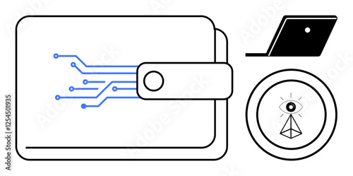 Digital wallet with circuit lines, a laptop, and a geometrical eye symbol representing surveillance and blockchain. Ideal for finance, technology, digital security, data protection, virtual currency