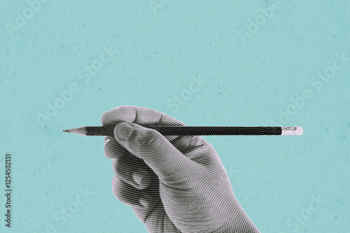 Halftone hand holding a pencil to write. Educational learning illustration in retro style. Artistic skills of drawing and sketching. Creative collage.