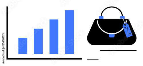 Bar chart displaying upward trend alongside a designer handbag with a price tag. Ideal for finance, economic success, luxury market trends, consumer spending, retail success, wealth visualization