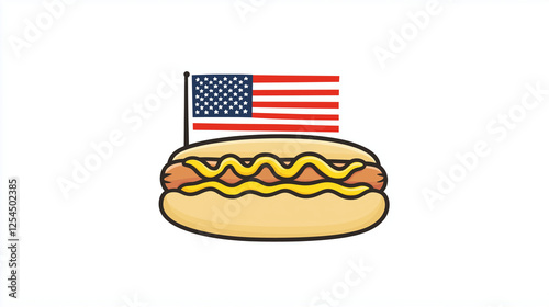 Illustration of a hot dog with mustard and American flag on a white background