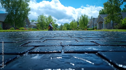 Wet cobblestone street in a residential neighborhood on a sunny day.
