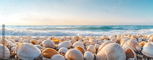 A beach covered in seashells with gentle waves and a clear sky above