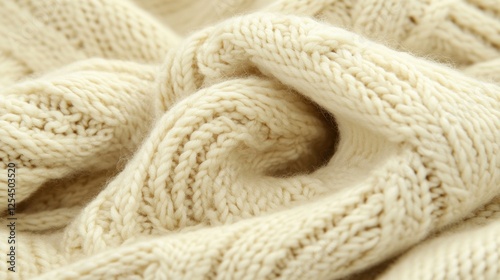 Closeup of Soft, Textured Beige Knitted Fabric Creating a Cozy and Warm Atmosphere