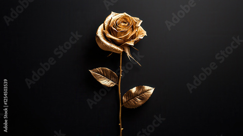 Fototapeta Naklejka Na Ścianę i Meble -  single golden rose with metallic sheen, adorned with droplets, stands elegantly against dark background, symbolizing beauty and luxury