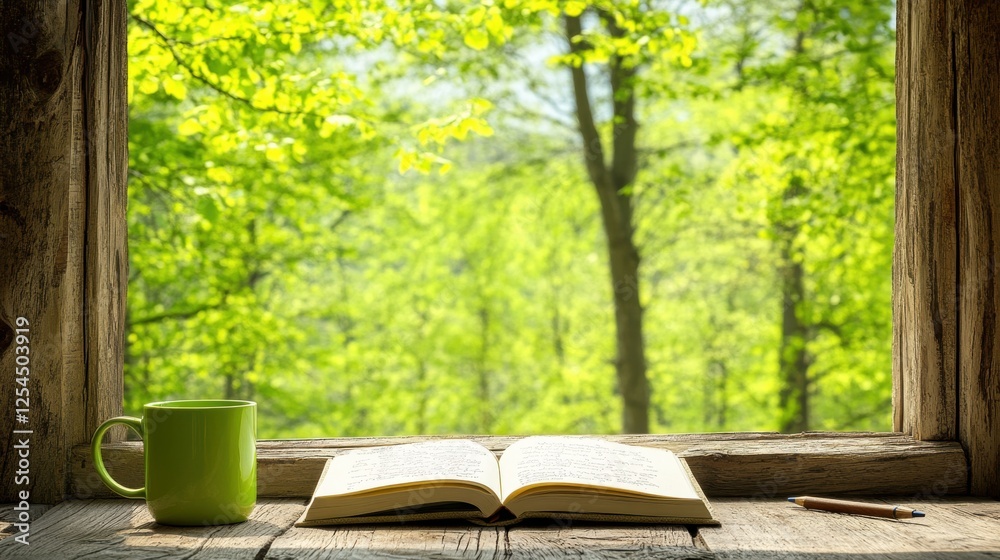 Cozy Window View with Open Book and Mug Overlooking Lush Green Forest Landscape in Spring Cozy Window View with Open Book and Mug Overlooking Lush Green Forest Landscape in Spring
