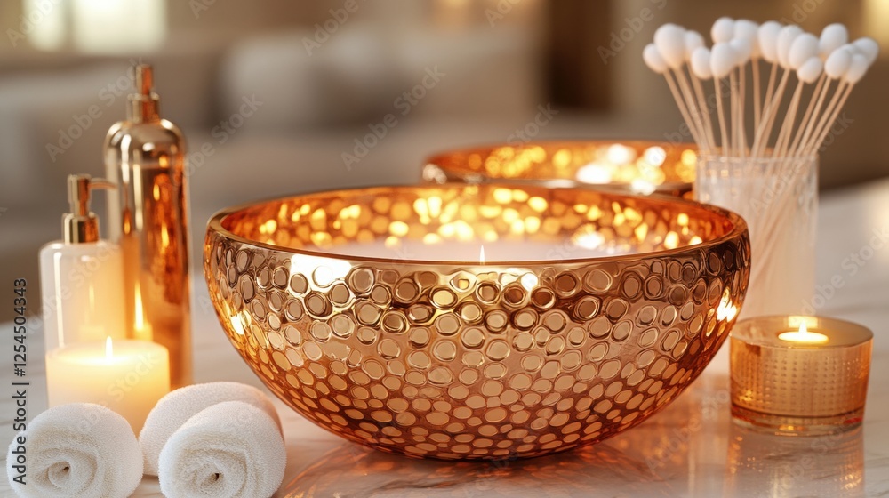 Elegant Decorative Bowls with Candles and Towels for a Relaxing Spa Environment Elegant Decorative Bowls with Candles and Towels for a Relaxing Spa Environment