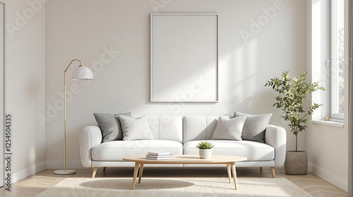 Bright living room interior with a white sofa, coffee table, floor lamp, plant, and a blank framed poster. Minimalist aesthetic with natural light. Use for mockups, interior design, or lifestyle.

