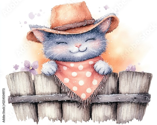 A waterclor cute, cartoonish cat wearing a cowboy hat and bandana, peeking over a wooden fence, exuding a cheerful and playful vibe. photo