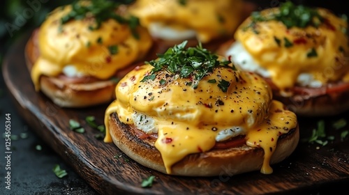 Delicious and creamy eggs Benedict beautifully plated with melted cheese, garnished with fresh herbs on a rustic wooden board, perfect for brunch or gourmet dining.