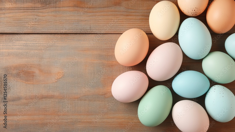 A collection of pastel-colored eggs arranged on a wooden surface, perfect for spring festivities or Easter celebrations. A collection of pastel-colored eggs arranged on a wooden surface, perfect for spring festivities or Easter celebrations.