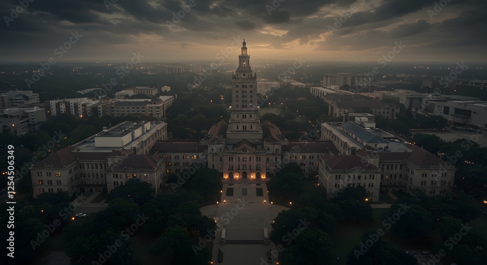 Fototapeta premium Aerial View of Houston City Hall Building with Tower at Dusk