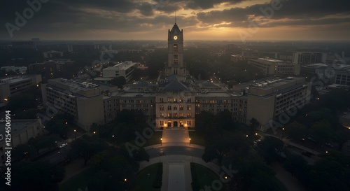 Aerial View of Landmark Building with Clock Tower at Dusk