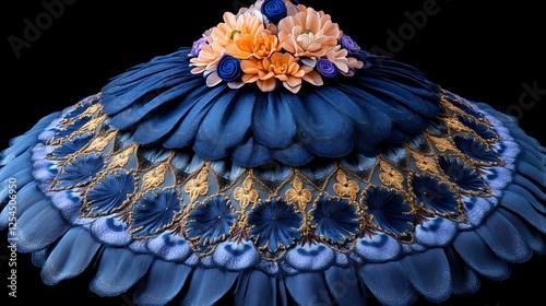 Exquisitely Crafted Blue And Gold Feather Ornament photo