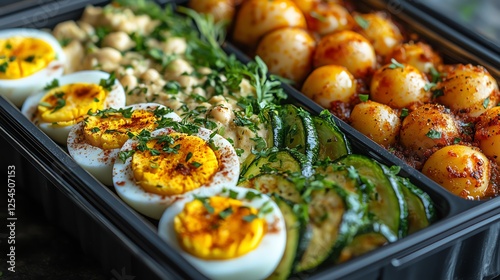 Delicious assortment of healthy food items including boiled eggs, chickpeas, and seasoned vegetables arranged in an appealing way, perfect for meal prep or food photography. photo