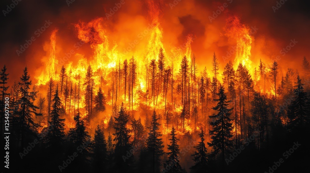 Wildfire engulfs forest at night; intense flames illuminate the sky; environmental disaster; news, documentary use Wildfire engulfs forest at night; intense flames illuminate the sky; environmental disaster; news, documentary use