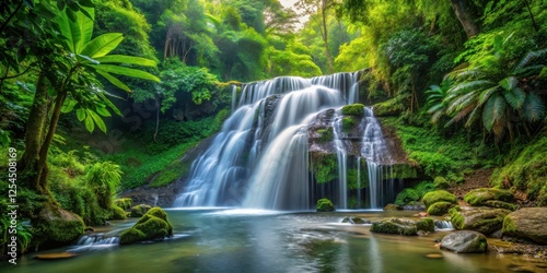 Waterfall cascade in dense foliage, forest floor, crystal clear,  forest floor, crystal clear, tree branches